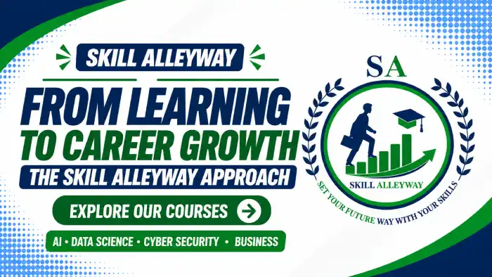 Skill Alleyway banner about career growth through online learning in AI, Data Science, Cyber Security and Business.